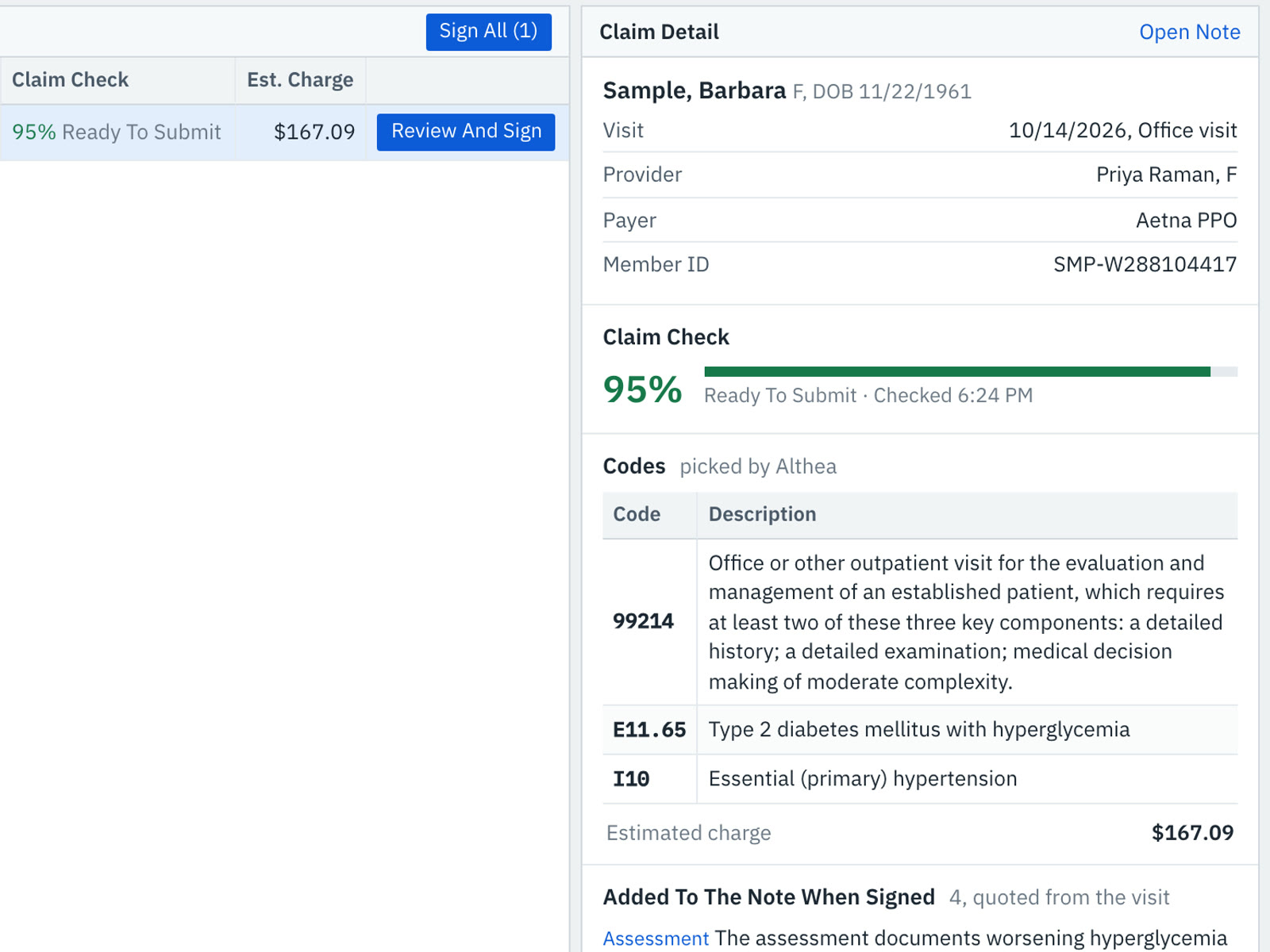 The Althais claim detail: a 95% claim check, the codes picked for the visit, and Sign And Approve Claim