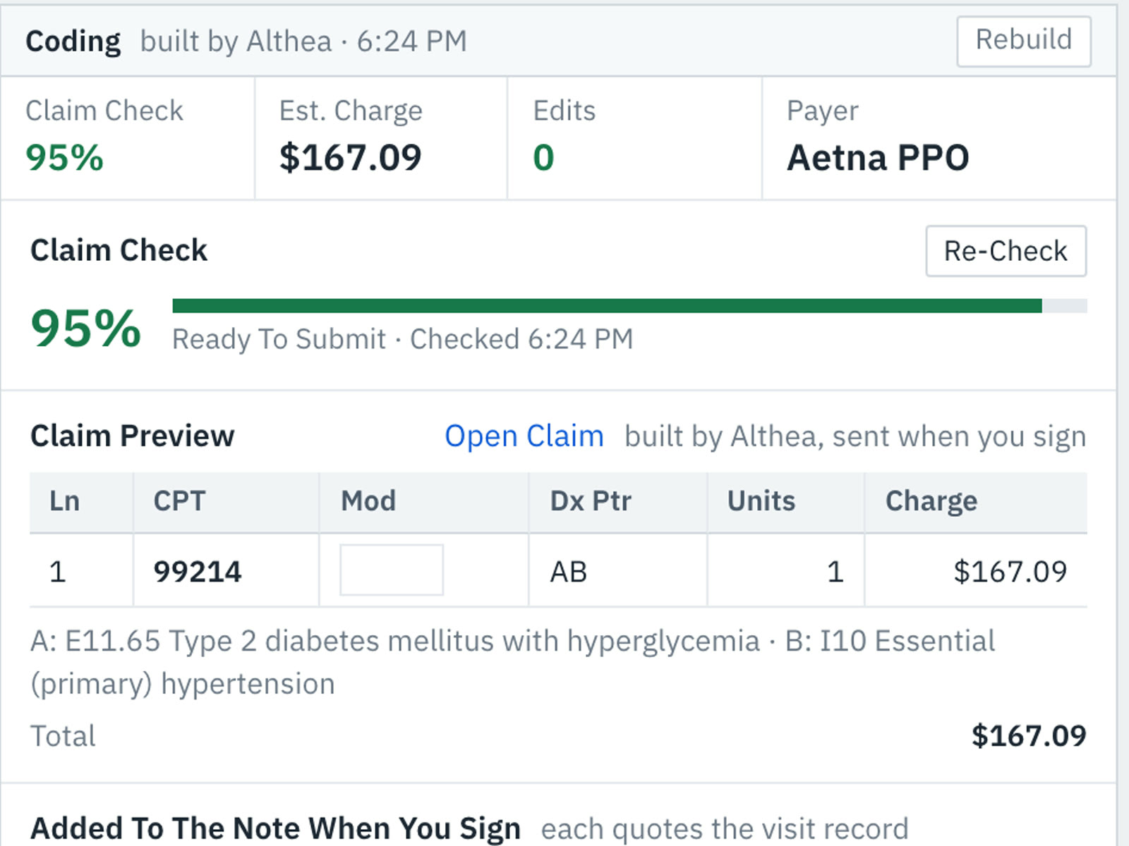 The Althais coding panel: a 95% claim check, the CPT and ICD-10 codes, and the note lines each code rests on