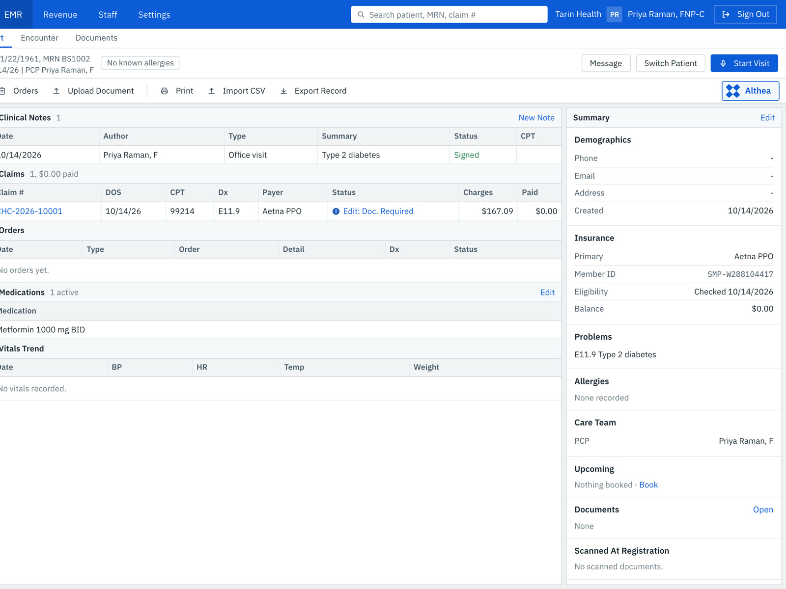 A sample patient chart in Althais with notes, claims, medications and insurance