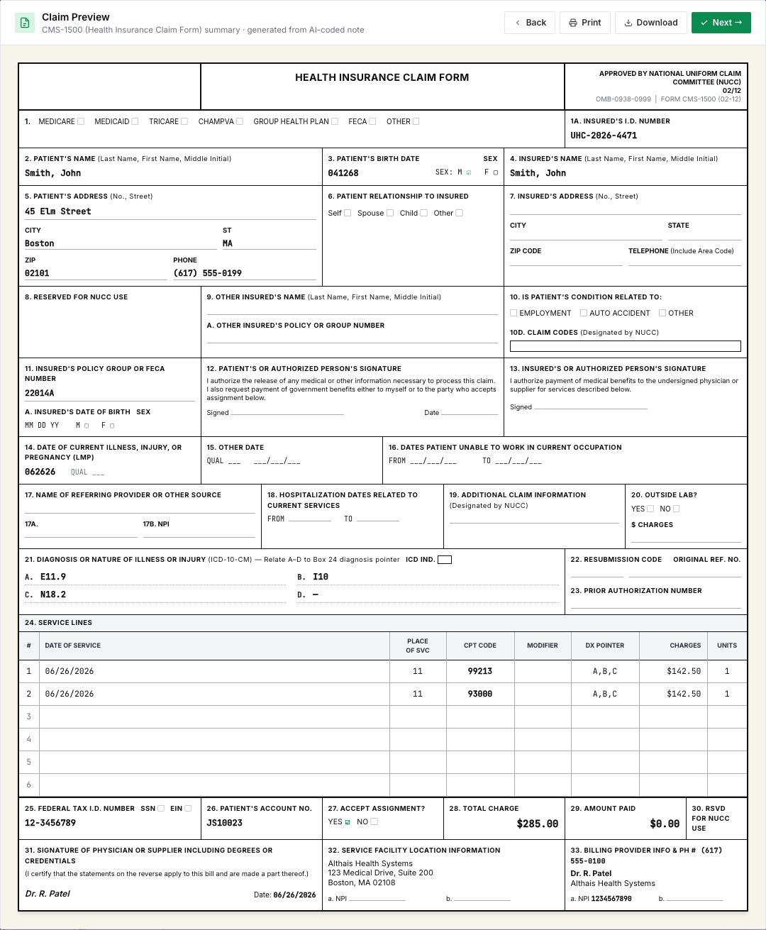 A CMS-1500 claim assembled from approved codes