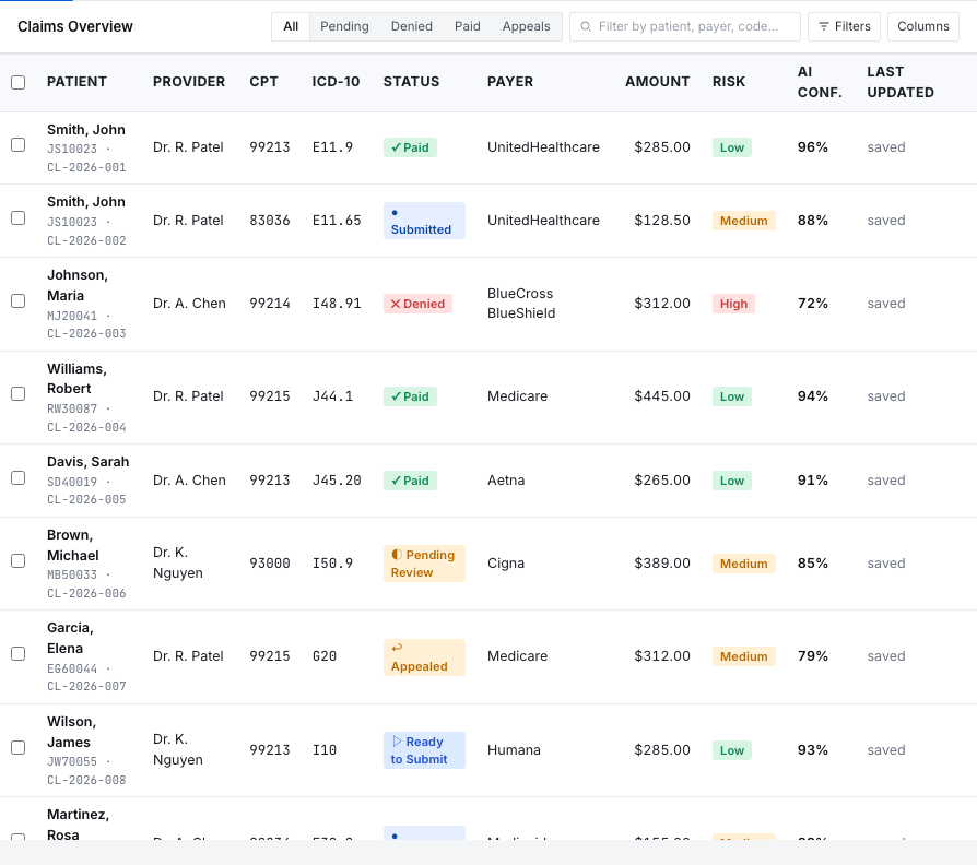 Claims overview with live status